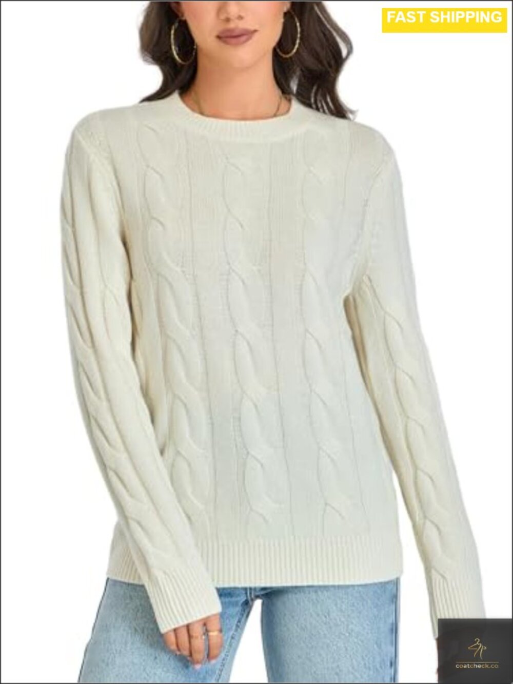 Merino Wool Cable Knit Crewneck Pullover Sweater Women Chunky Winter Warm